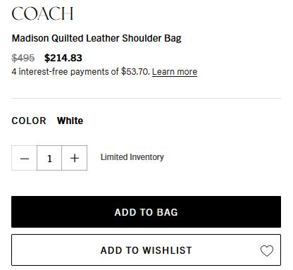 新低！Coach蔻馳 MADISON系列絎縫單肩包斜挎包 43折$214.83